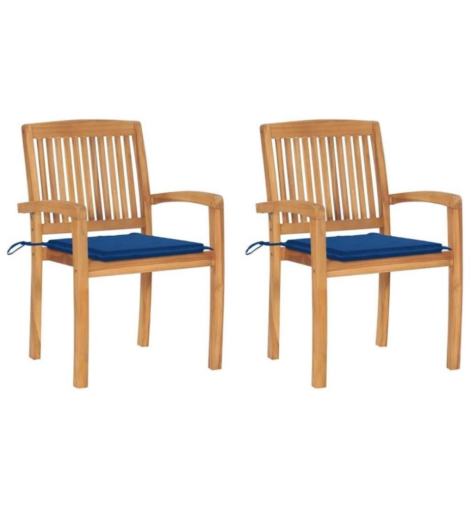 Chaises de jardin 2 pcs avec coussins bleu royal Teck massif