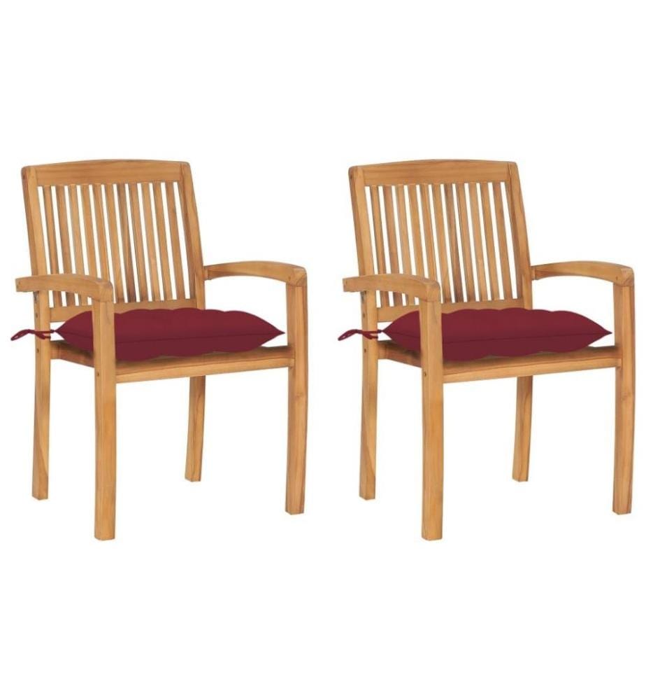 Chaises de jardin 2 pcs avec coussins bordeaux Teck massif