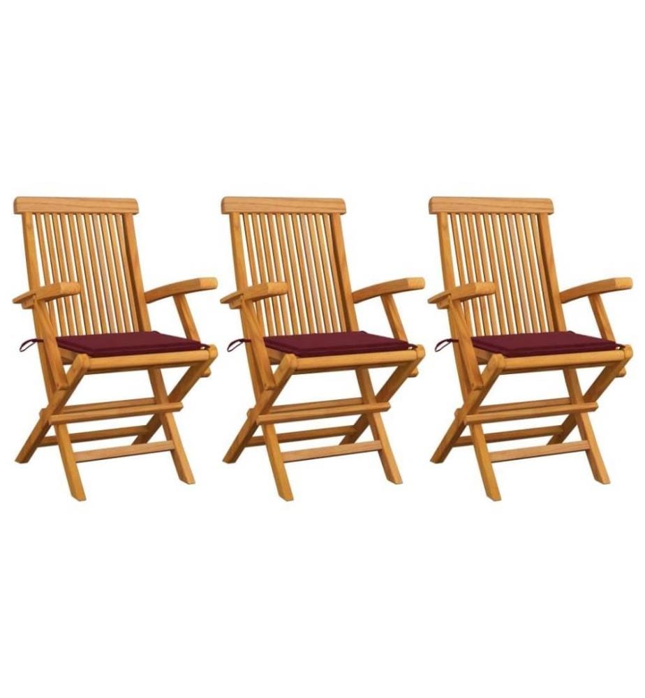 Chaises de jardin avec coussins rouge bordeaux 3pcs Teck massif