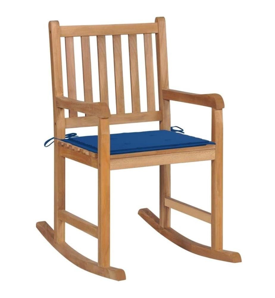 Chaise à bascule avec coussin bleu royal Bois de teck solide