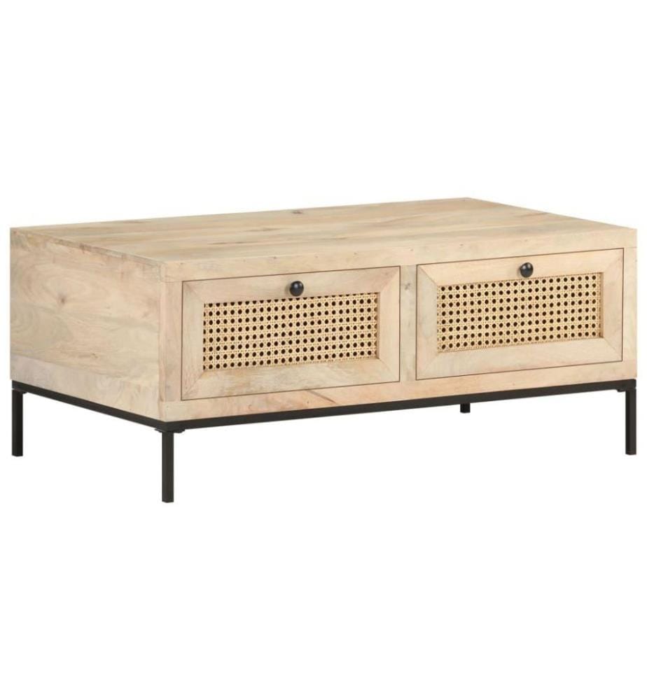 Table basse 90x50x37 cm Bois de manguier et canne naturelle