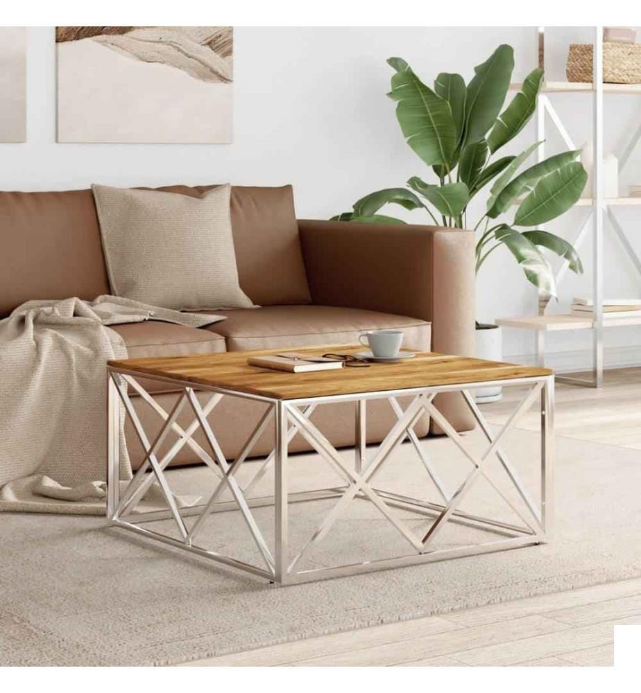 Table basse argenté acier inoxydable et bois massif d'acacia