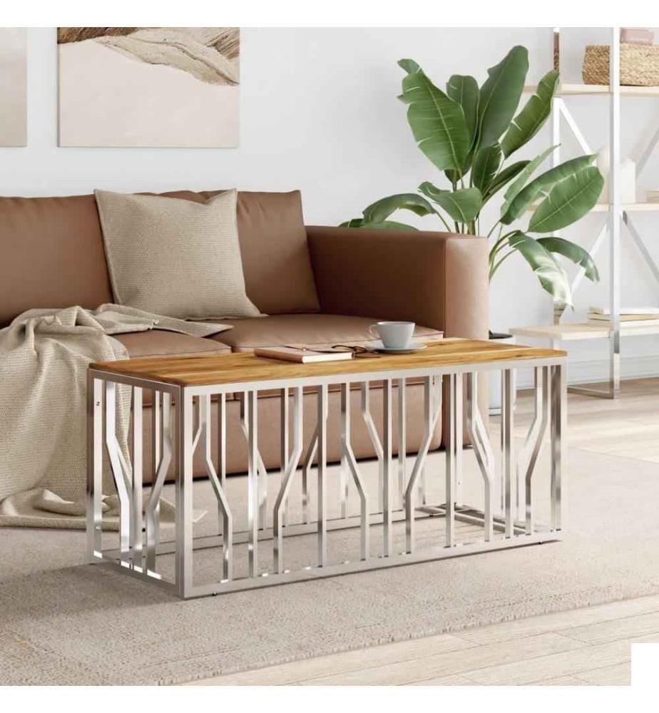Table basse argenté acier inoxydable et bois massif d'acacia