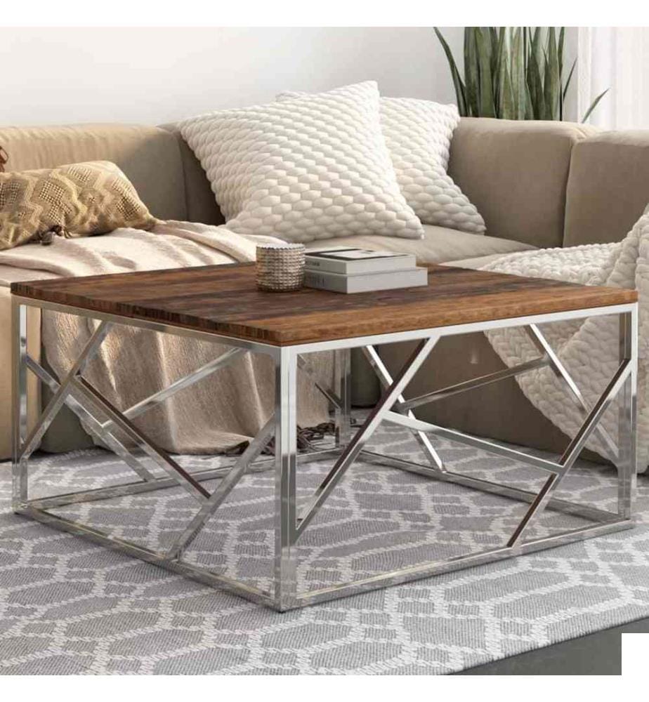 Table basse argenté inox et bois de mélèze massif