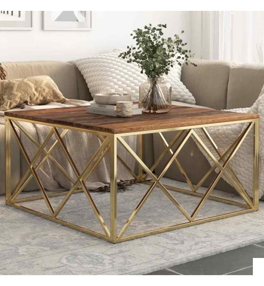 Table basse doré acier inoxydable et bois de mélèze massif