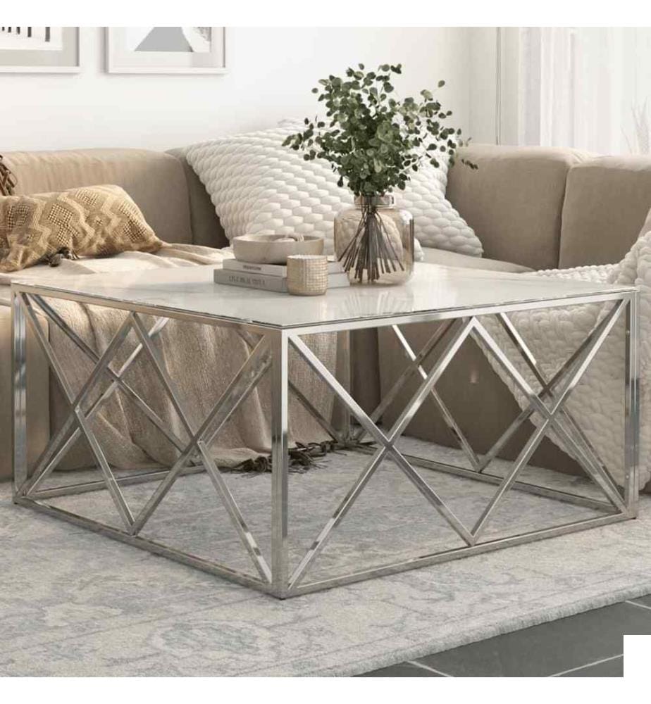 Table basse argenté acier inoxydable et verre trempé