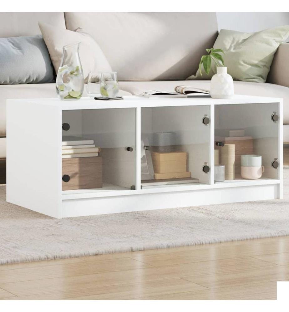Table basse avec portes en verre blanc 102x50x42 cm