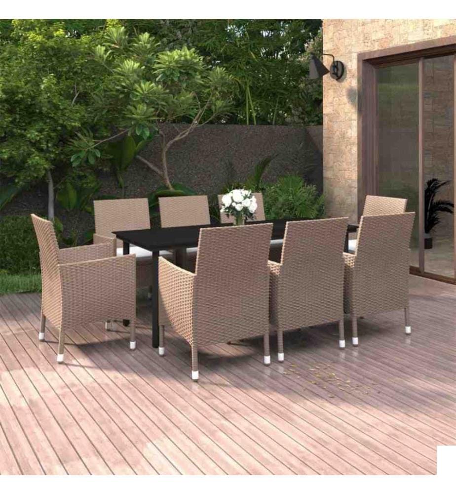Ensemble à dîner de jardin coussins 9 pcs Résine tressée Verre