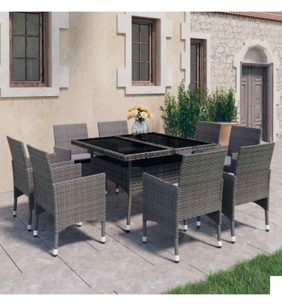 Ensemble à dîner de jardin 9 pcs Résine tressée et verre Gris