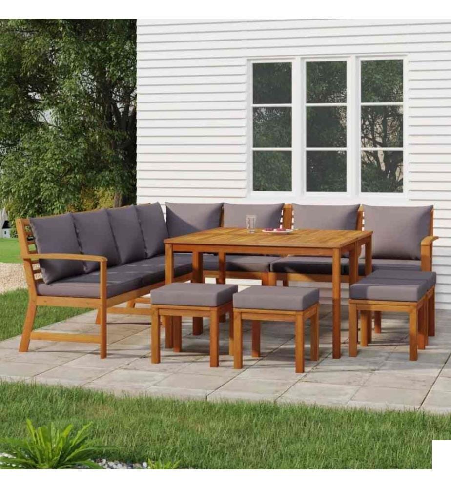 Ensemble à dîner de jardin avec coussins 11 pcs bois d'acacia
