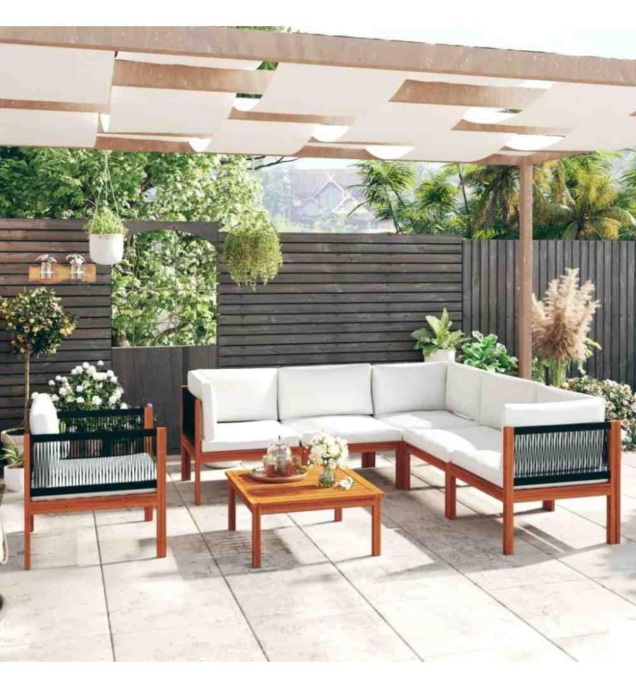 Salon de jardin 7 pcs avec coussins Crème Bois d'acacia solide