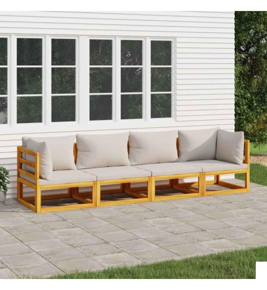 Salon de jardin 4 pcs avec coussins gris clair bois massif