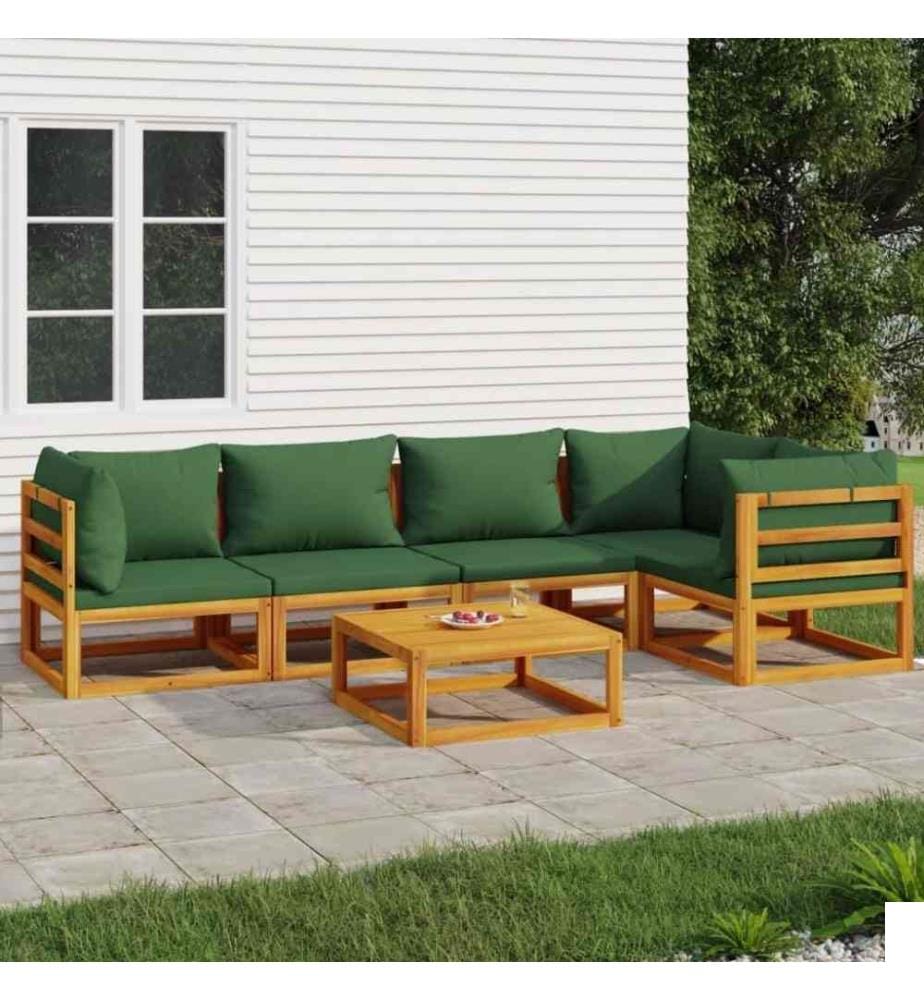 Salon de jardin 6 pcs avec coussins vert bois massif