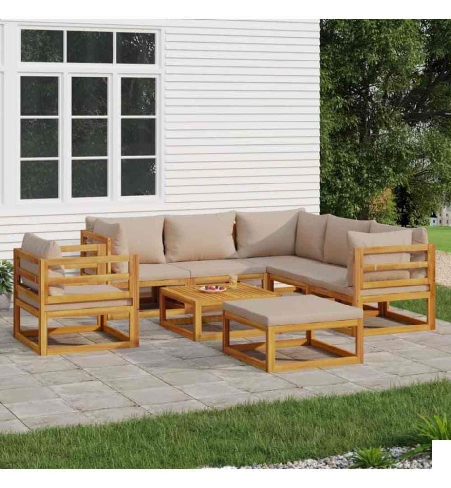 Salon de jardin 8 pcs avec coussins taupe bois massif