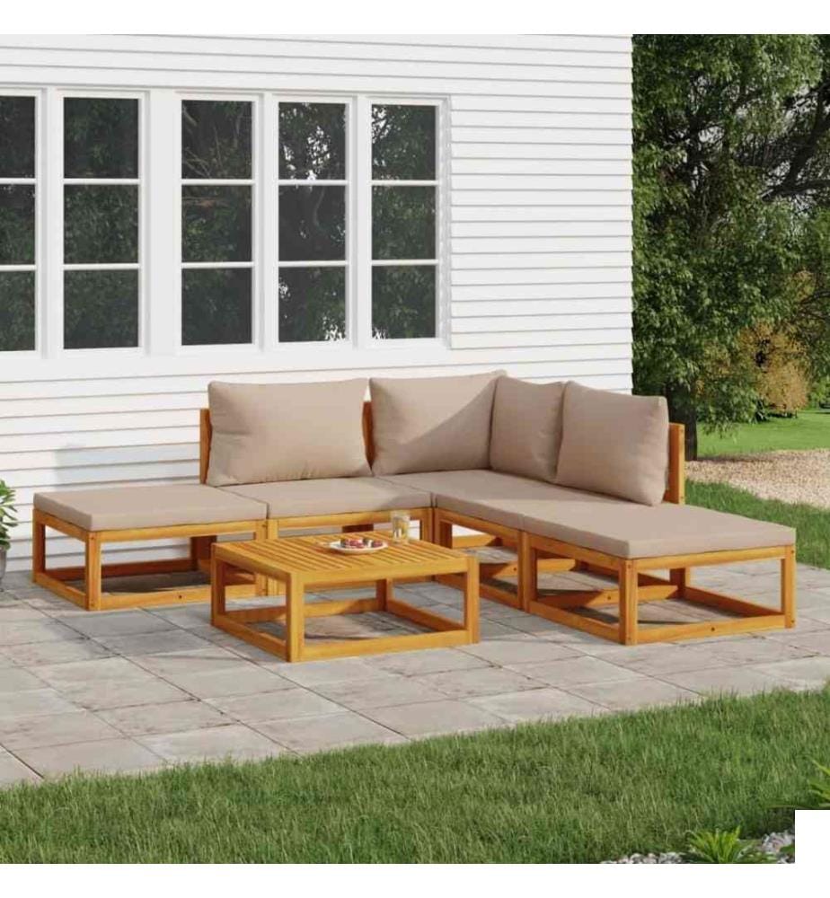 Salon de jardin 6 pcs avec coussins taupe bois massif