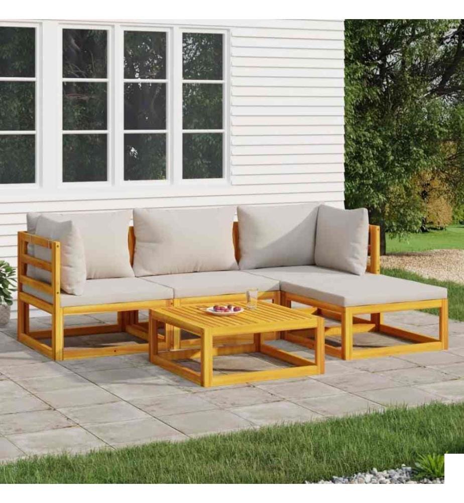 Salon de jardin 5 pcs avec coussins gris clair bois massif