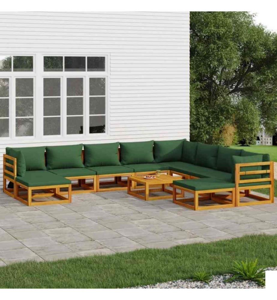 Salon de jardin 11 pcs avec coussins vert bois massif