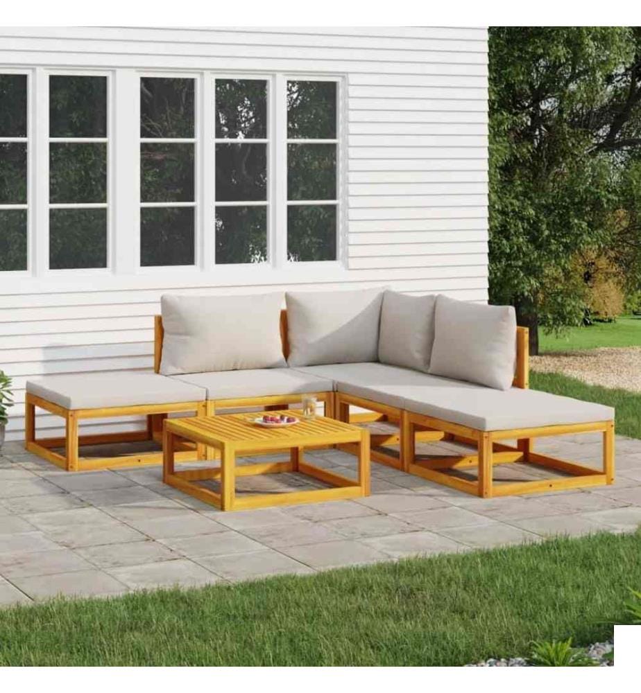 Salon de jardin 6 pcs avec coussins gris clair bois massif