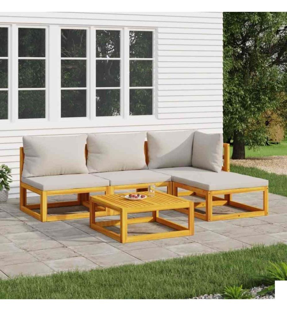 Salon de jardin 5 pcs avec coussins gris clair bois massif