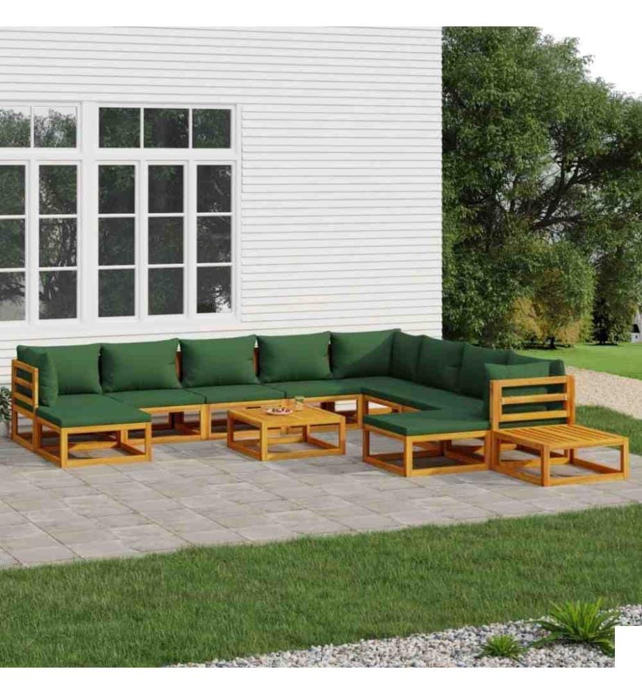 Salon de jardin 12 pcs avec coussins vert bois massif
