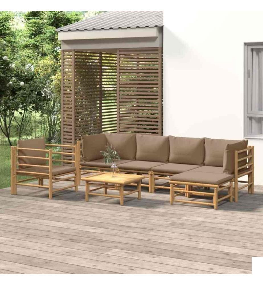 Salon de jardin 7 pcs avec coussins taupe bambou