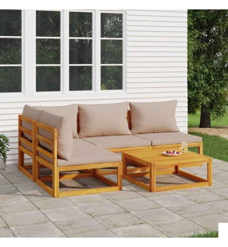 Salon de jardin 5 pcs avec coussins taupe bois massif