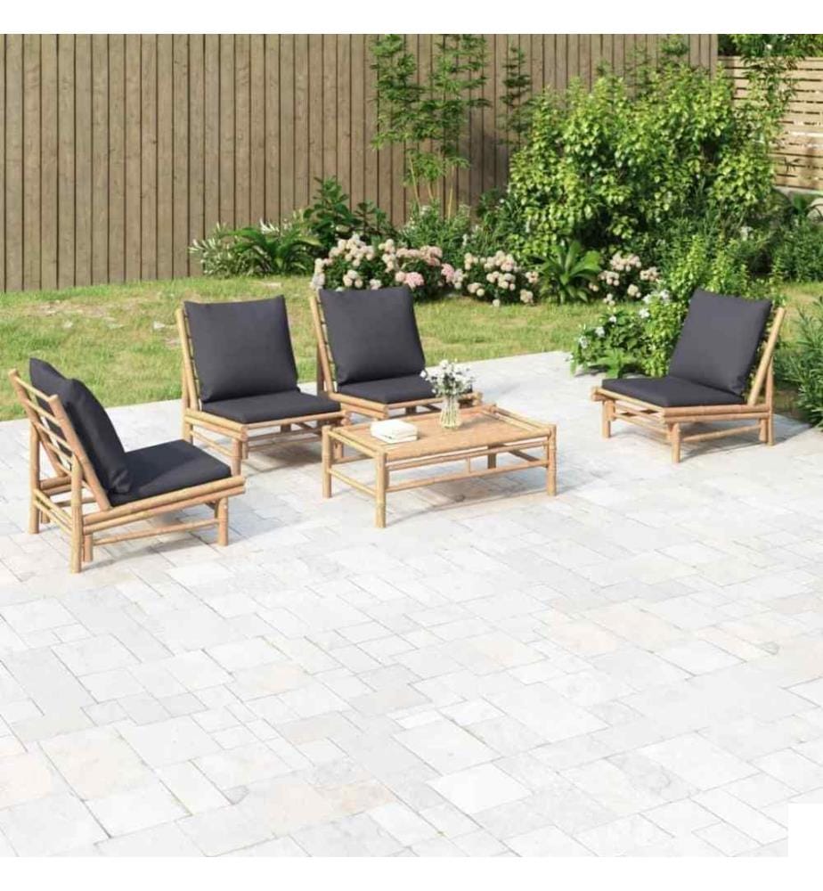 Salon de jardin 5 pcs avec coussins gris foncé bambou