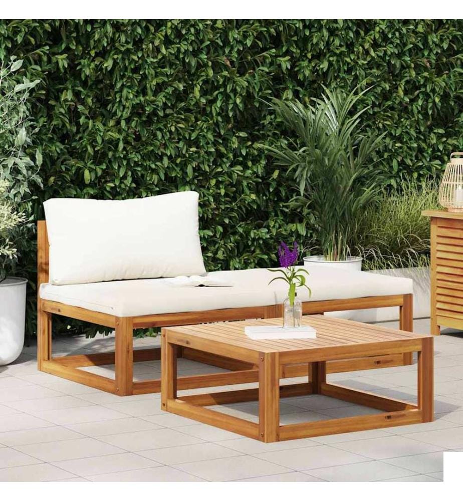 Salon de jardin 3 pcs avec coussins crème Bois d'acacia solide