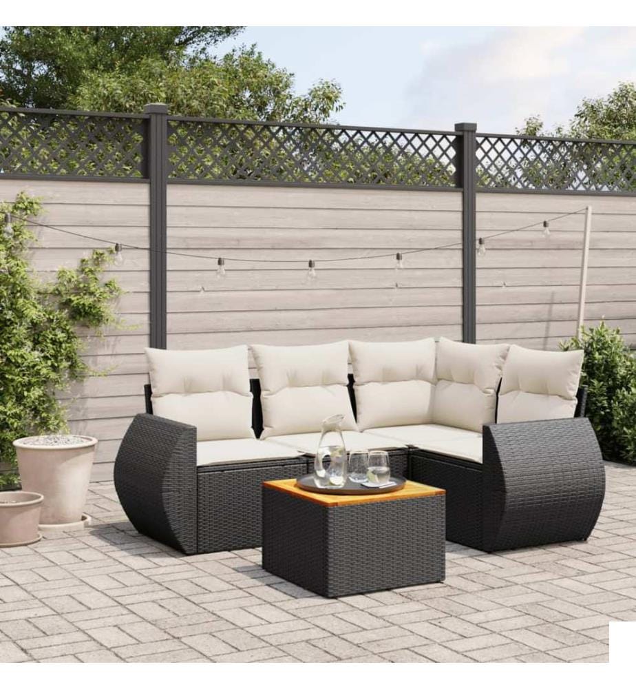 Salon de jardin 5 pcs avec coussins noir résine tressée