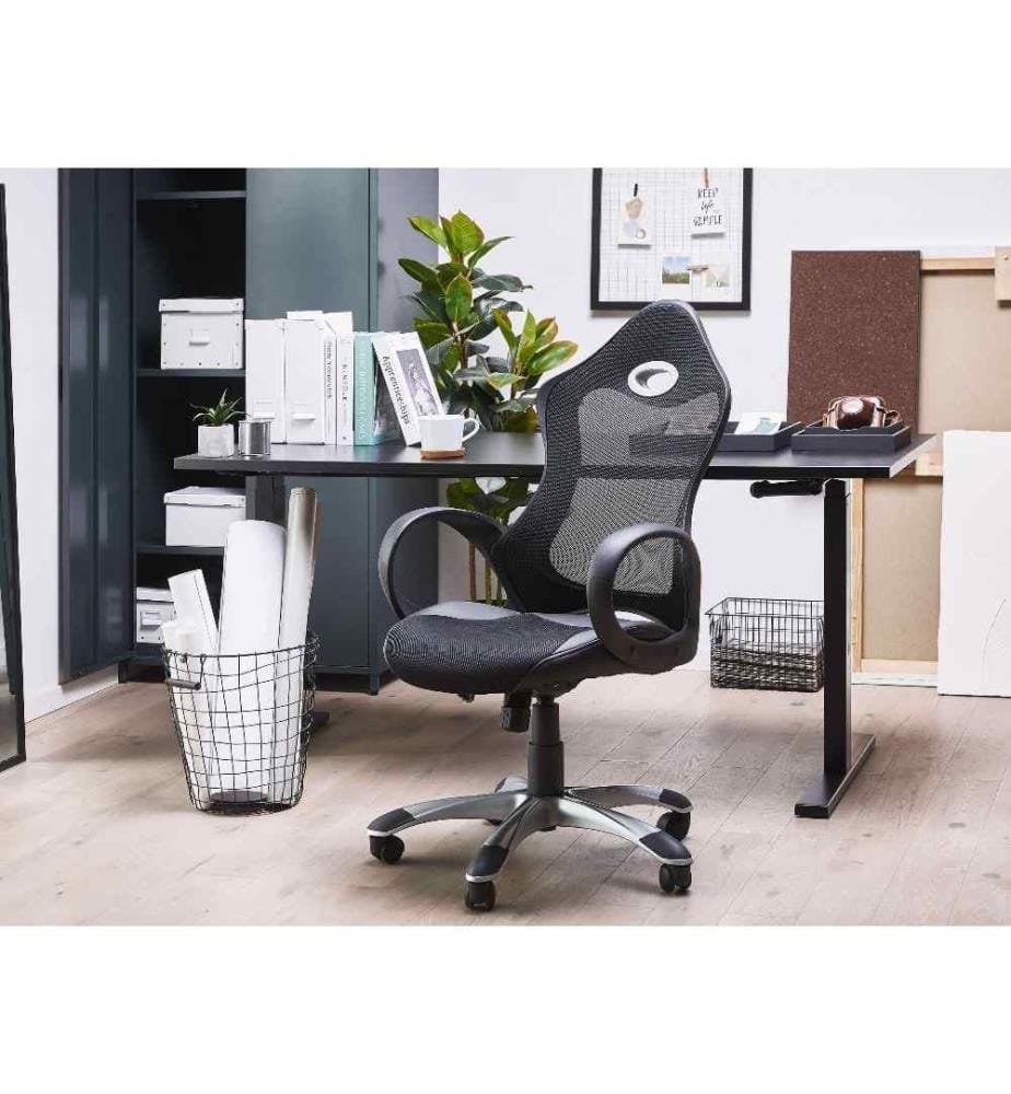 Chaise de Bureau en Tissu Maillé Noir avec Dossier Inclinable et Assise Réglable en Hauteur Design Moderne Confortable