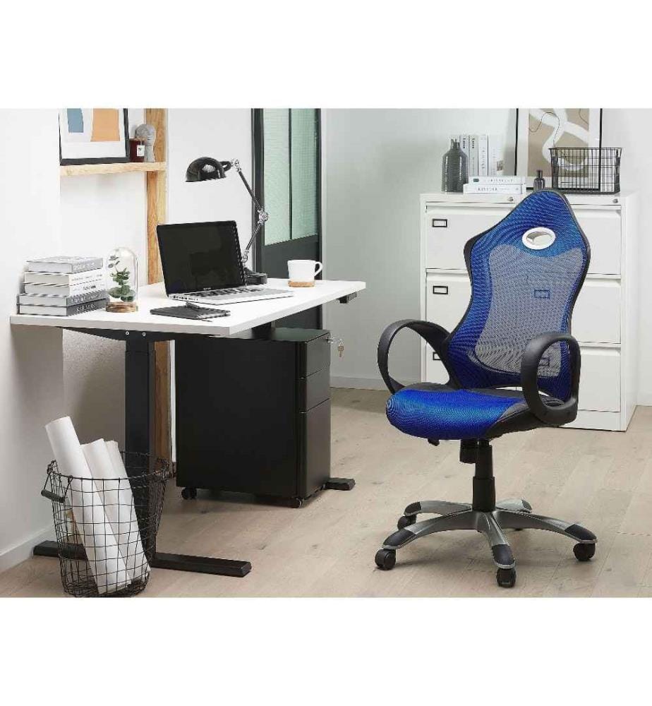 Chaise de Bureau en Tissu Maillé Bleu et Structure Noire avec Dossier Inclinable et Assise Réglable en Hauteur Design Moderne Confortable