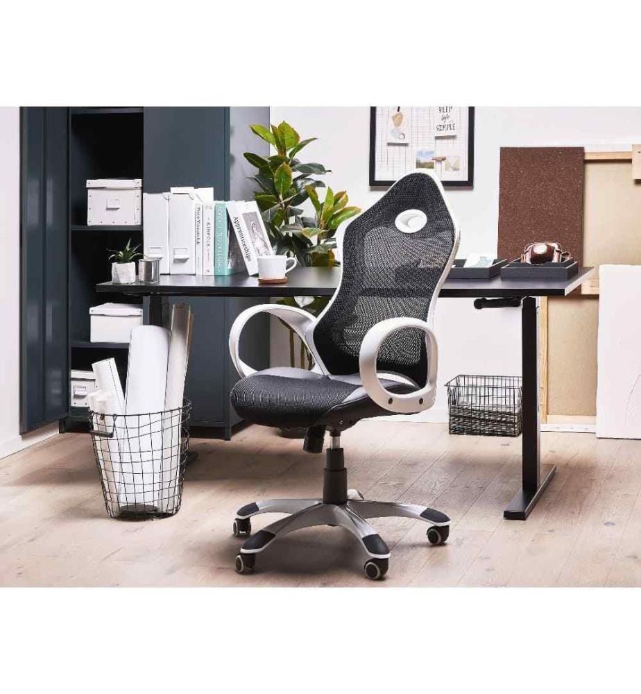 Chaise de Bureau en Tissu Maillé Noir et Structure Blanche avec Dossier Inclinable et Assise Réglable en Hauteur Design Moderne Confortable