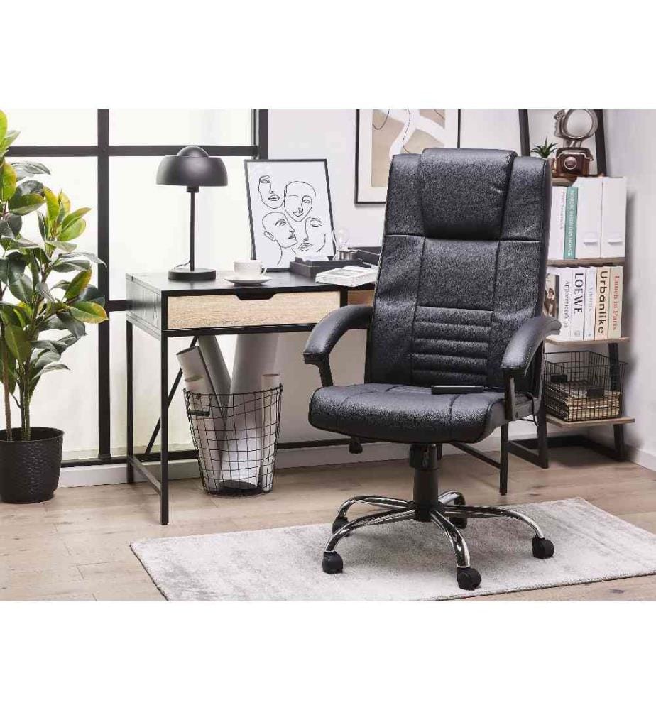 Chaise de Bureau Fauteuil en Cuir PU Noir avec Fonction de Massage et Chauffage Hauteur Réglable et Roulettes Moderne et Confortable