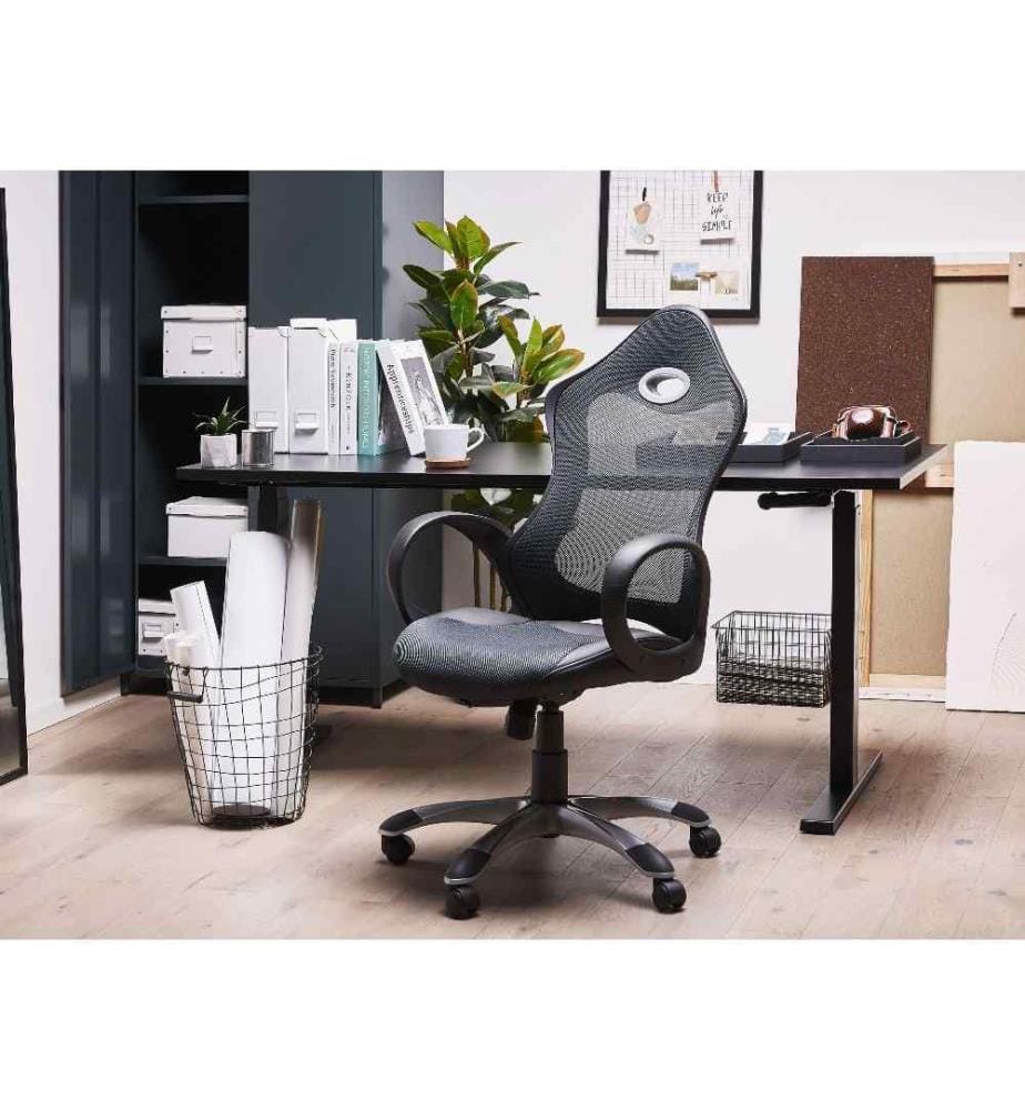 Chaise de Bureau en Tissu Maillé Gris Vert et Structure Noire avec Dossier Inclinable et Assise Réglable en Hauteur Design Moderne Confortable