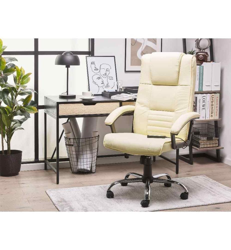 Chaise de Bureau Fauteuil en Cuir PU Beige avec Fonction de Massage et Chauffage Hauteur Réglable et Roulettes Moderne et Confortable