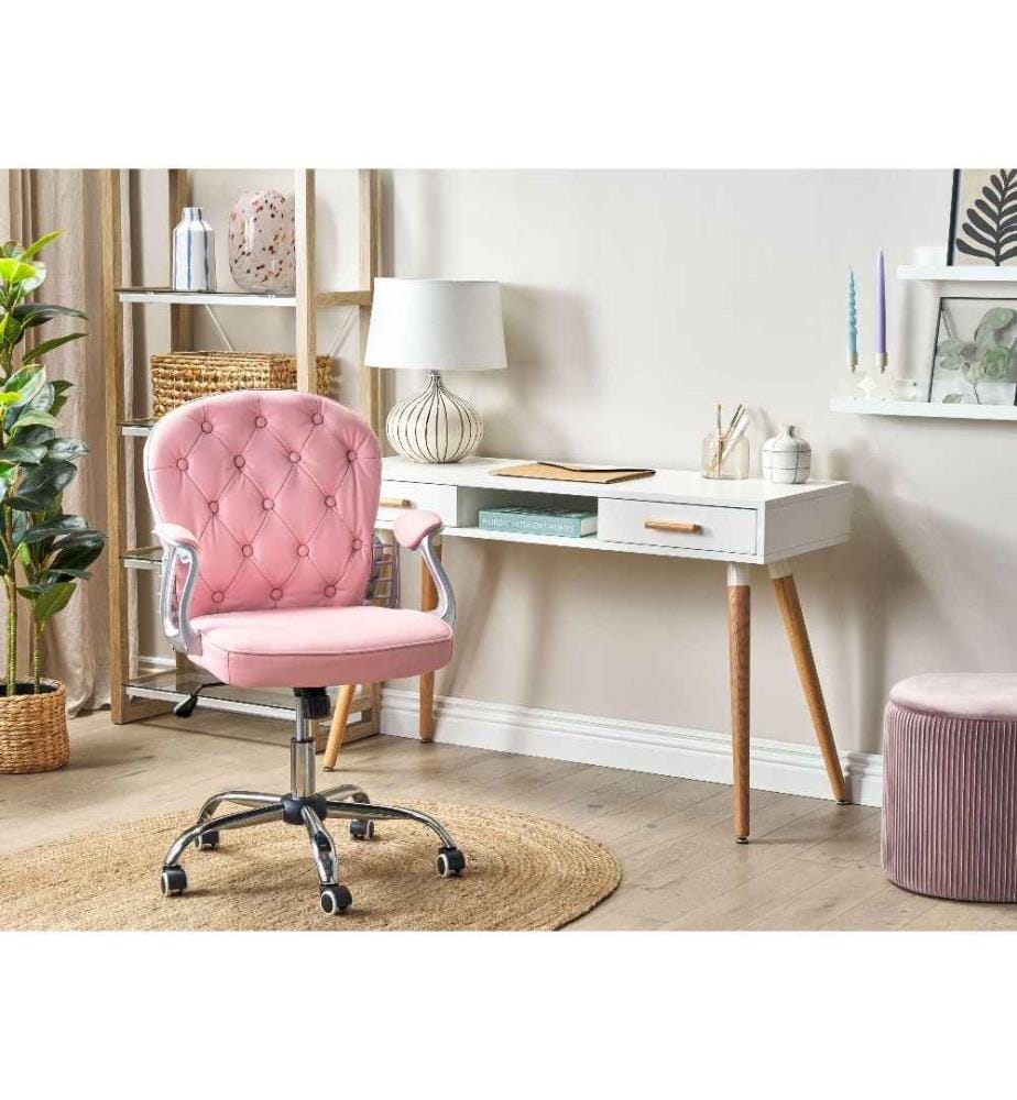 Chaise de Bureau à Roulettes Cuir PU Rose avec Dossier Capitonné et Aspect Luxueux et Confort pour Intérieurs Glamour Tendance