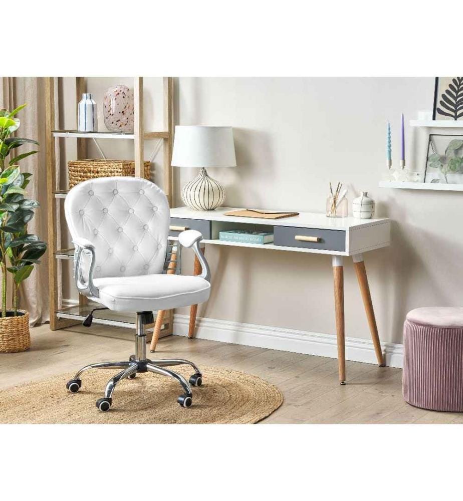 Chaise de Bureau à Roulettes en Cuir PU Blanc avec Dossier Capitonné et Aspect Luxueux et Confort pour Intérieurs Glamour Tendance