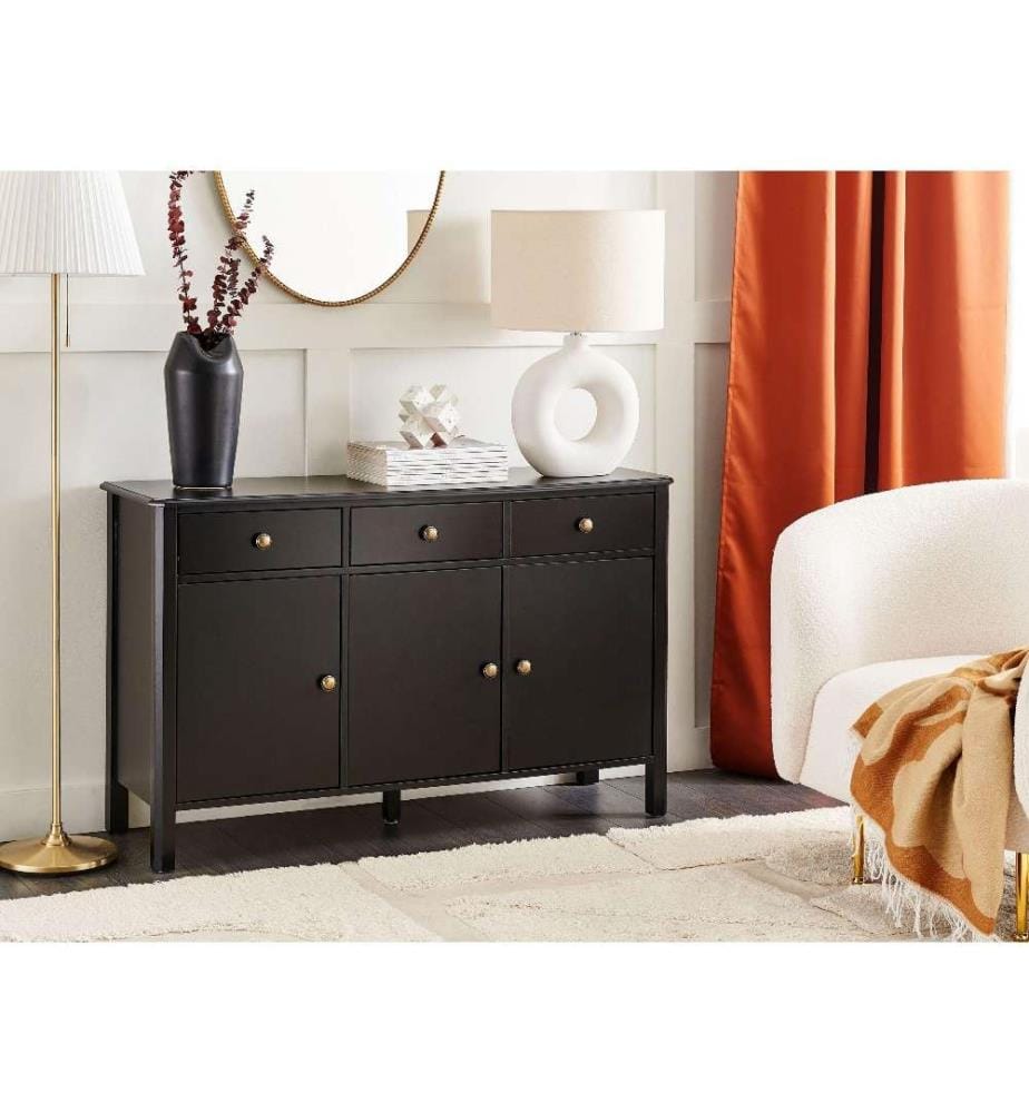 Commode Noire en MDF et Métal 3 Portes Buffet avec Etagère Poignées Dorées Style Moderne pour Salon Couloir Rangement Chambre