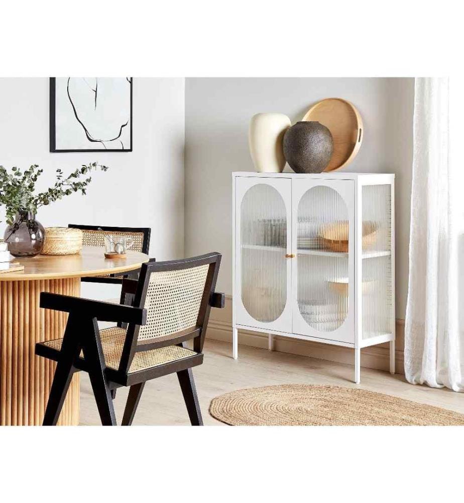 Armoire Blanche en Acier et Verre 111 x 90 x 35 cm Industriel Moderne à 2 Portes Etagère à Vitrine Ovale Pieds à Patins de Protection 2 Portes
