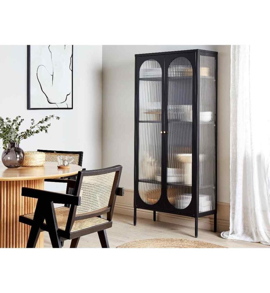 Armoire Noire en Acier et Verre 181 x 90 x 35 cm avec Vitrine Industriel Pieds Ajustables avec Patins et Etagères Réglables