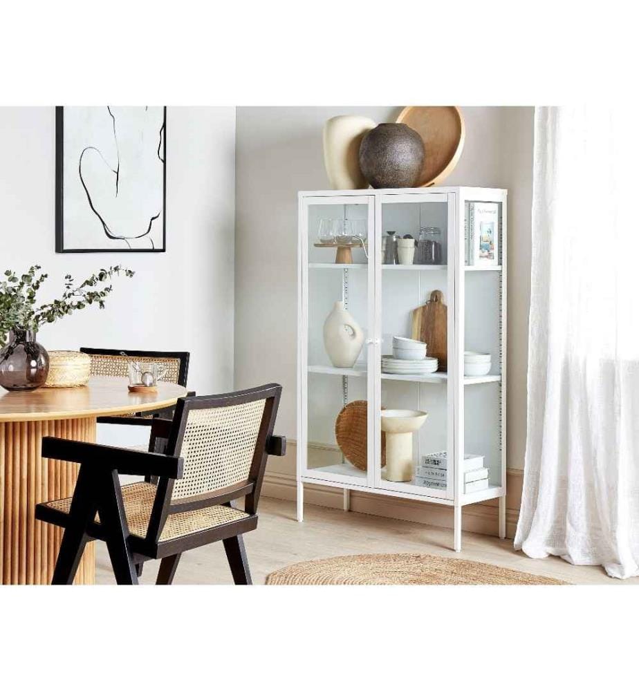 Armoire Blanche en Acier et Verre 150 x 90 x 35 cm avec Vitrine Industriel Pieds Ajustables avec Patins et Etagères Réglables