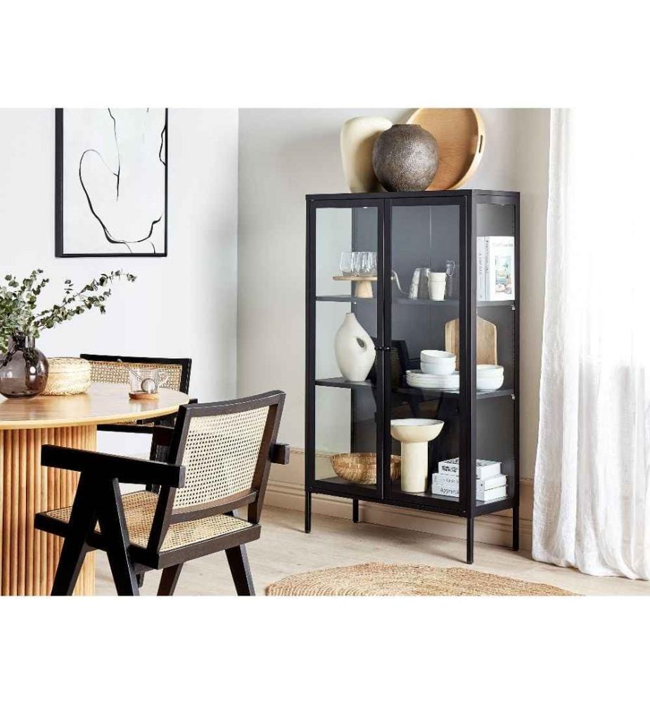 Armoire Noire en Acier et Verre 150 x 90 x 35 cm avec Vitrine Industriel Pieds Ajustables avec Patins et Etagères Réglables