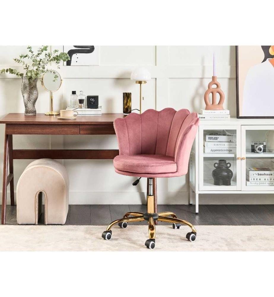 Chaise de Bureau Rose en Velours Glamour Fauteuil Coquillage Pivotant à Base en Etoile Dorée Assise Réglable avec Vérin Frein de Sécurité