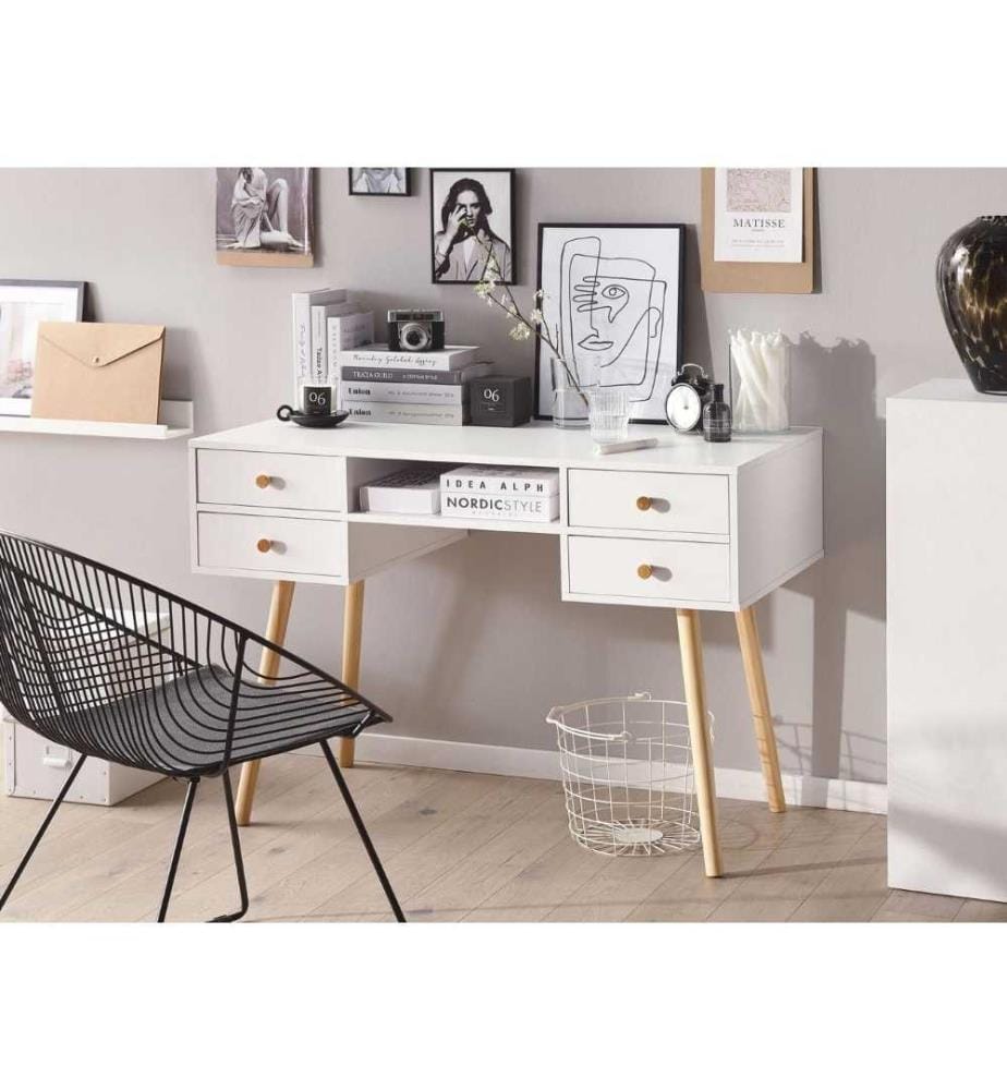 Table Bureau Blanc 4 Tiroirs Pratiques Design Scandinave Tendance pour Chambre ou Salon au Style Rétro et Moderne