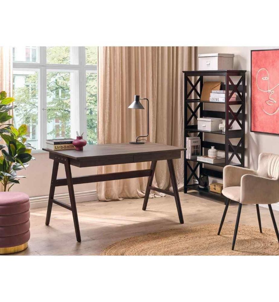 Set de Bureau Noir et Bois Sombre en Panneaux de Particule de Bois Verre et Métal Table et Bibliothèque Correspondantes Minimalistes