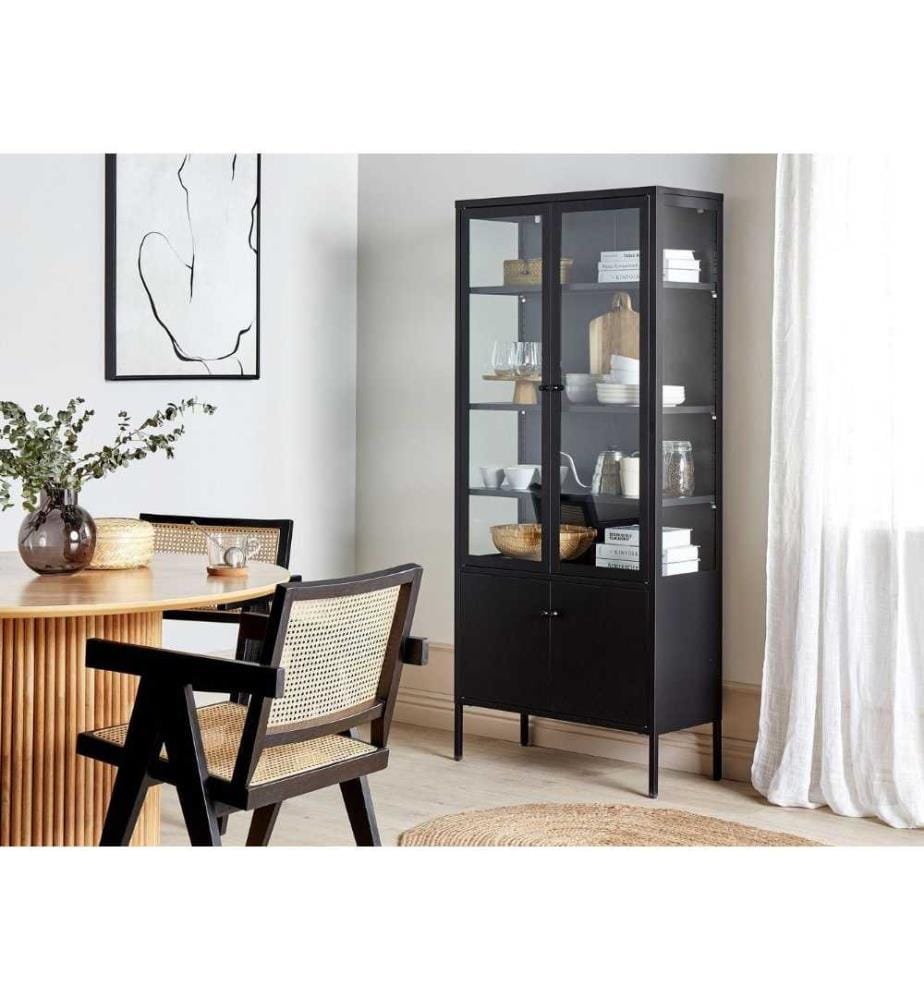 Armoire Noire en Acier et Verre 180 x 80 x 35 cm avec Vitrine Industriel Pieds Ajustables avec Patins et Etagères Réglables
