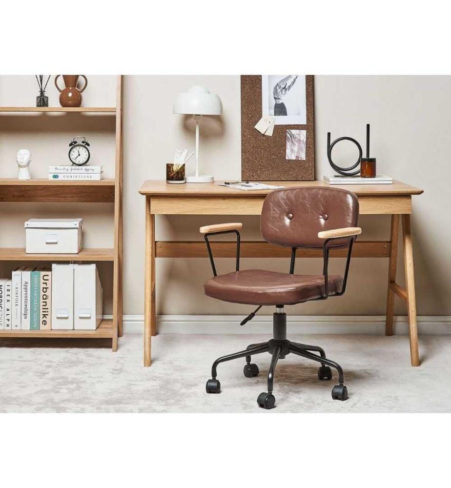 Chaise de Bureau Marron en Cuir PU Hauteur Réglable Fauteuil Pivotant pour Espace de Travail Rétro Traditionnel Home Office