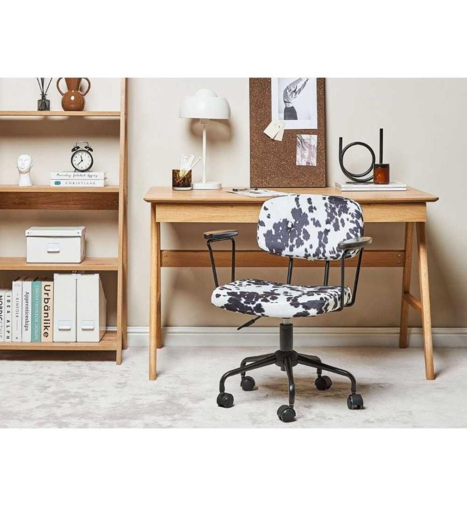 Fauteuil de Bureau Noir et Blanc en Velours Motif Peau de Vache Hauteur Réglable Pivotant pour Espace de Travail Rétro Traditionnel Home Office