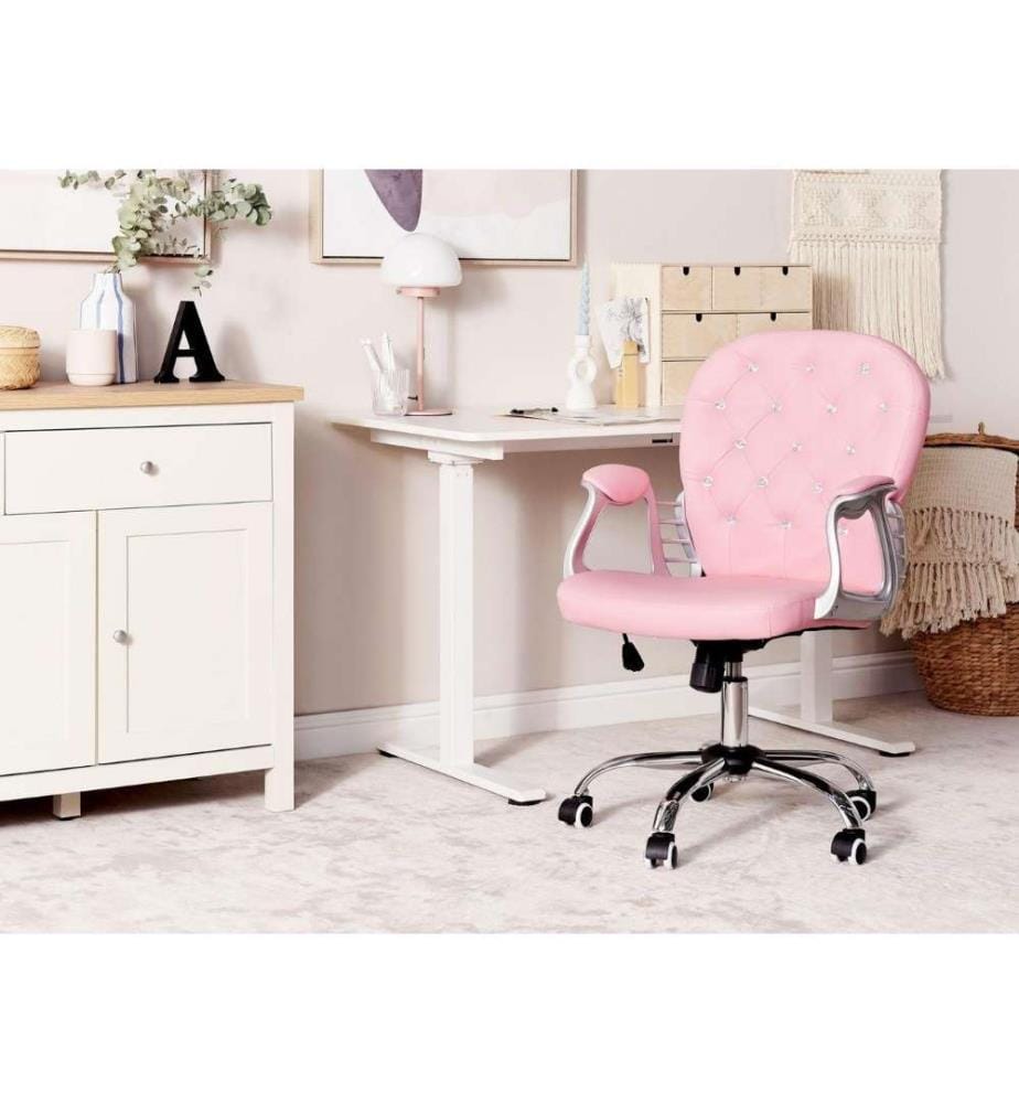 Chaise de Bureau Rose en Cuir PU à Dossier Capitonné Décoration Cristaux Réglable en Hauteur avec Bouton et Pivotement Complet