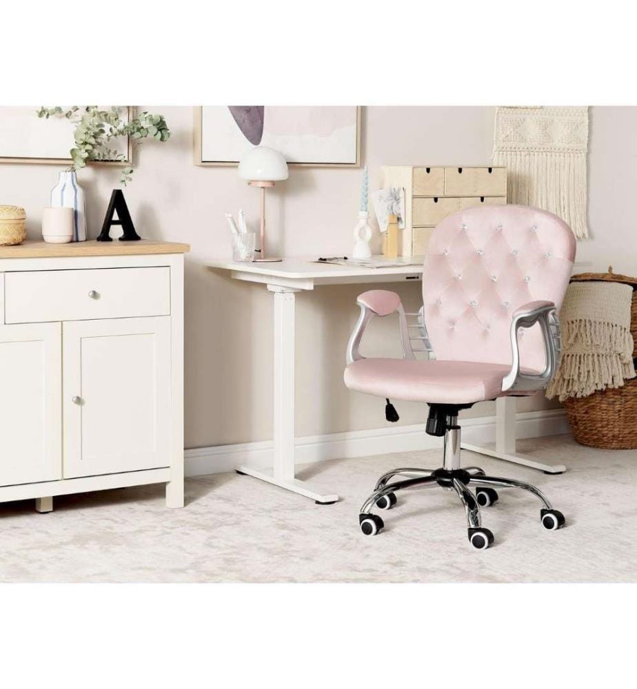 Chaise de Bureau Rose en Velours à Dossier Capitonné Décoration Cristaux Réglable en Hauteur avec Bouton et Pivotement Complet